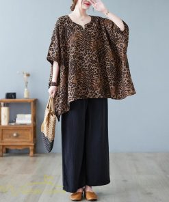 ｔシャツ・カットソー | カットソー レディース Tシャツ Vネック 5分袖 ヒョウ柄 レオパード 20代 30代 着痩せ 体型カバー ゆったり トップス 夏物 フリーサイズ 50代 40代 Vネック