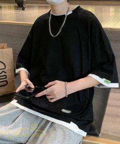 Tシャツ | メンズ 夏物 半袖 五分袖 フェイク レイヤード 重ね着風 無地 おしゃれ プルオーバー オーバーサイズ カジュアル 30代 20代 40代 ゆったり 男性着