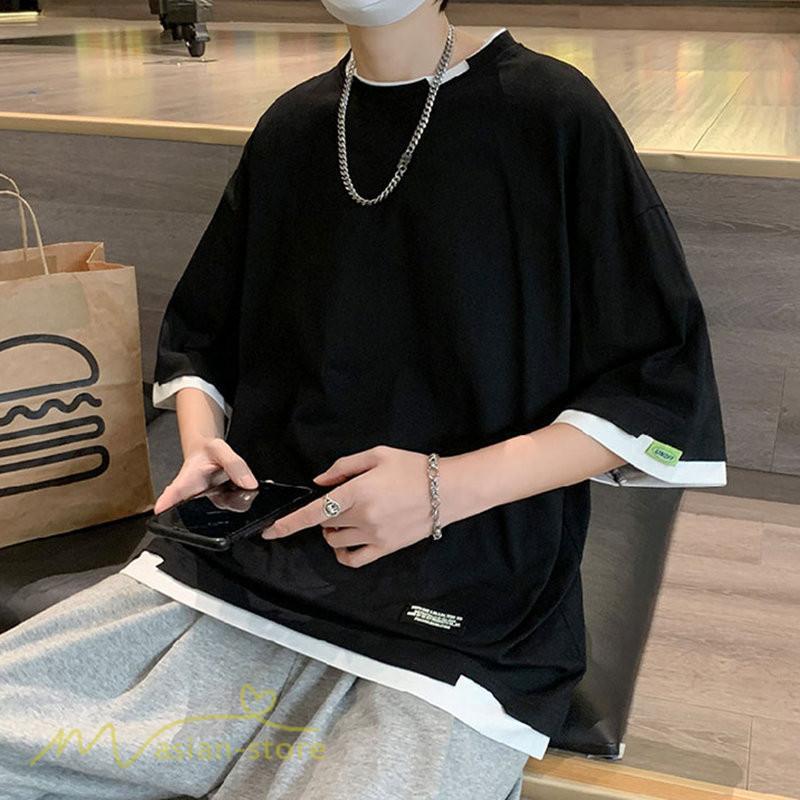 Tシャツ | メンズ 夏物 半袖 五分袖 フェイク レイヤード 重ね着風 無地 おしゃれ プルオーバー オーバーサイズ カジュアル 30代 20代 40代 ゆったり 男性着