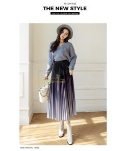 スカート | プリーツロングミモレ丈 グラデーションAラインウエストゴム ハイウエスト 秋冬 無地 ゆったり 大人 通学通勤