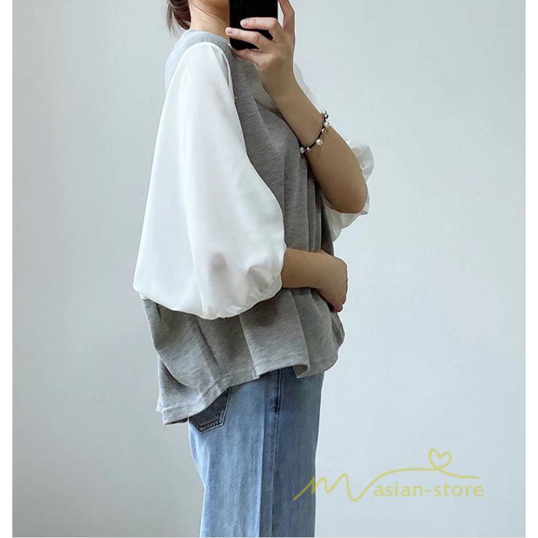 tシャツ・カットソー | 長袖ブラウス レディース Tシャツ 秋物 切替ブラウス 切替Tシャツ トップス 七分袖 長袖 夏秋物 ドッキングTシャツ 20代30代 長袖Tシャツ ドッキングブラウス