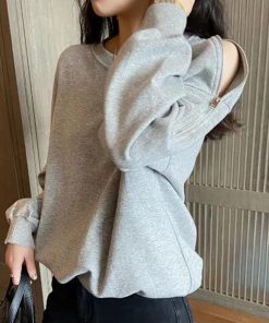 Tシャツ・カットソー | スウェット トレーナー 肩出しトップス カジュアル ファスナー オープンショルダー 体型カバー セクシー ゆったり クルーネック