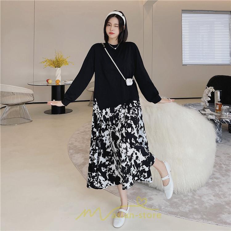 マキシ | ドッキングワンピース 秋 レディース 長袖ワンピース ロングワンピース 切り替えワンピース フェイク レイヤード風 Aラインワンピース お呼ばれワンピース