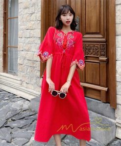 マキシ | ワンピース 半袖 夏物 レディース 秋服 綿麻 刺繍 フレアスリーブ ロングワンピース ミモレ丈 五分袖 ウエストゴム 大人 30代40代 Aラインワンピ リボン付き