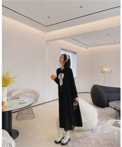 マキシ | 切り替えワンピース 長袖ワンピース 大きいサイズ ゆったり 体型カバー 黒ワンピース プリント ちょう 30代50代 かわいい 秋物 大人40代 レディース