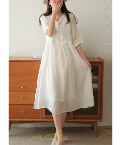 ミディアム | ワンピース レディース 夏新作 半袖 五分袖 ミモレ丈 刺繍 無地 Aラインワンピース ギャザー ゆったり Vネック ウエストリボン付き 調整可 40代 綿麻 30代