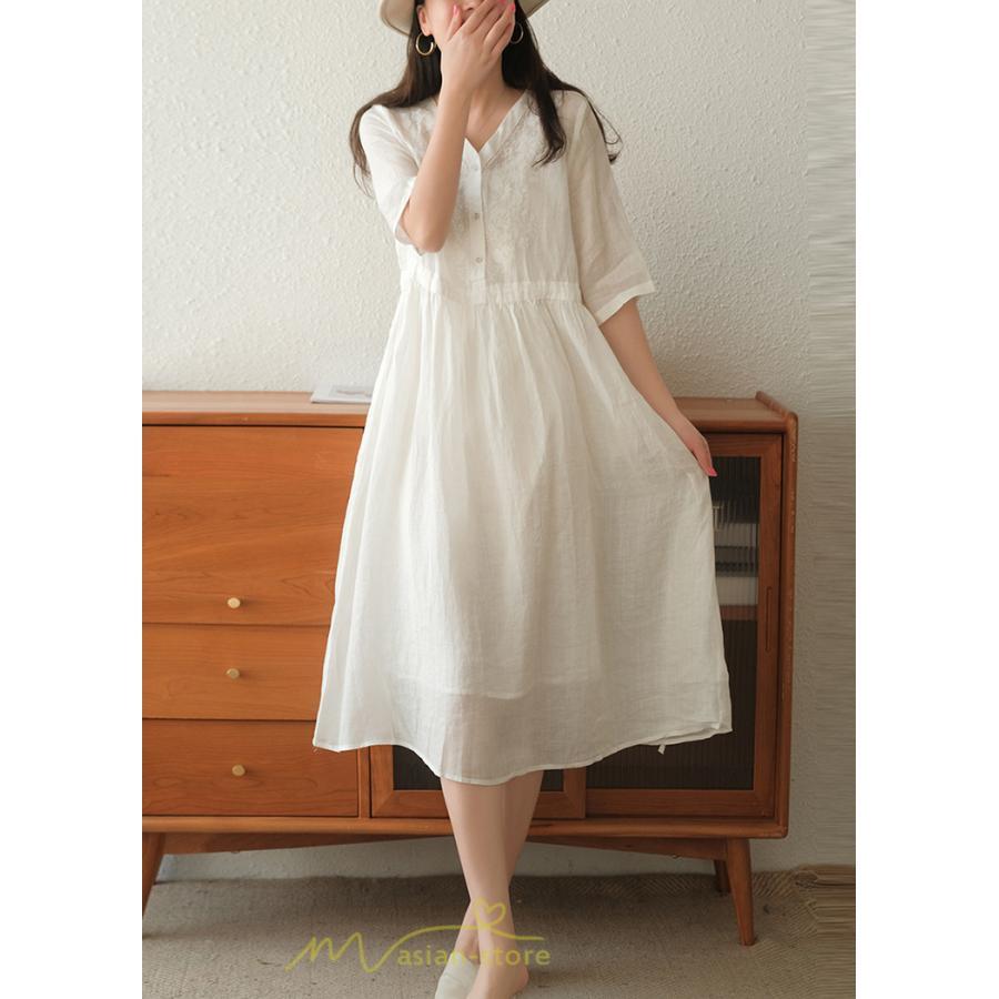 ミディアム | ワンピース レディース 夏新作 半袖 五分袖 ミモレ丈 刺繍 無地 Aラインワンピース ギャザー ゆったり Vネック ウエストリボン付き 調整可 40代 綿麻 30代