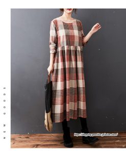 マキシ | チェック柄ワンピースリネン風 長袖ワンピース 30代レディース秋物長袖 綿麻風 ゆったり ゆるシルエット 大人 可愛い 通学通勤 リネンワンピ チェック柄 50代