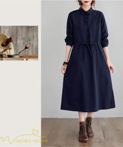 ワンピース | 長袖綿麻Aラインレディース ロングミモレ丈 無地 シャツカワイイ 大人 ワンピ