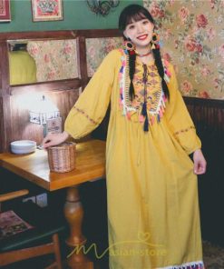 マキシ | ワンピース レディース ロング丈 マキシ丈 長袖 パーティー 白 赤 黄色 青 綿麻 二次会 謝恩会 同窓会 服装 カジュアル 刺繍 40代 夏 30代 20代 秋 50代