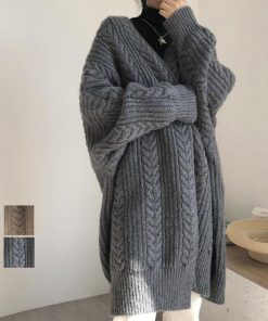 ニット・セーター | ロング丈 ケーブル編みカーデ 体型カバー 秋冬 韓国風 厚手 ニットカーディガン レディース コーディガン ライトアウター