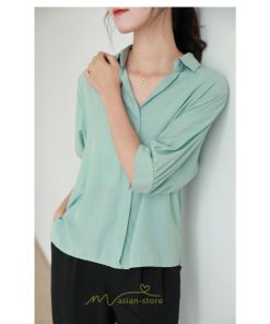 シャツ・ブラウス | レディース シャツ ブラウス 夏コーデ 上品 Vネック 華奢見え 着痩せ オフィス 七分袖 白 ライトグリーン 無地 ビジネス リクルート 日常 おしゃれ 事務服