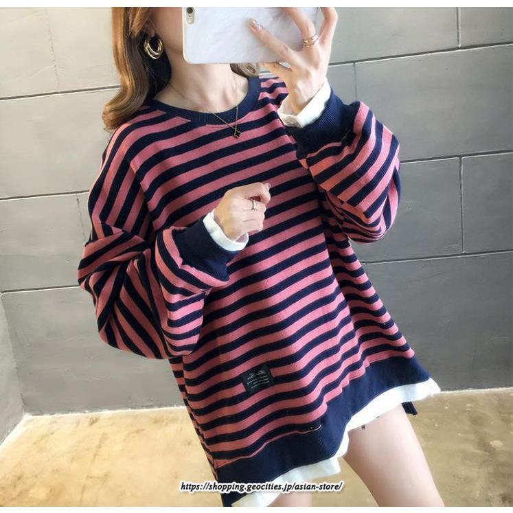 パーカー | 重ね着風トレーナー レディース 長袖 トップス カジュアル スウェット ボーダー柄 ゆったり トレーナー トップス 切り替え 可愛い きれいめ レイヤード風