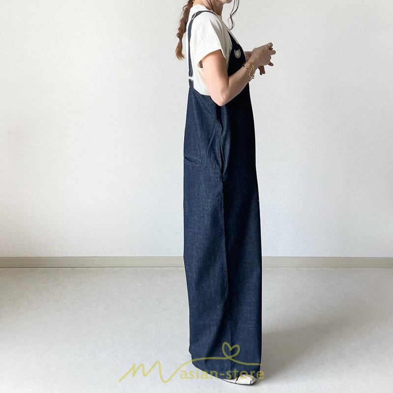 オーバーオール サロペット | サロペット レディース デニムサロペット デニムパンツ 大人 無地 ひも調整可 ワイドパンツ ストレート Denim デニム Vネック カワイイ ノースリーブ 通学通勤
