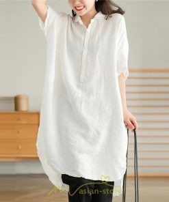送料無料SALE | ワンピース 夏シャツ レディース 五分袖 シャツワンピース 綿麻 無地 プルオーバー 体型カバー ゆったり 大きめ 夏服 ポケット 30代40代 膝丈 おしゃれ 前後差