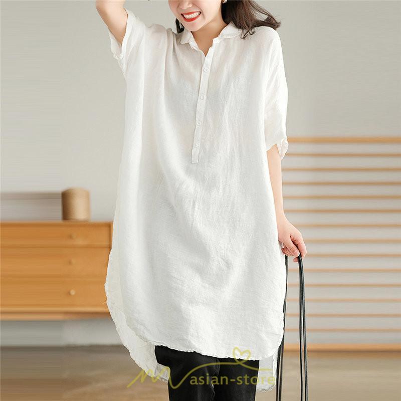 送料無料SALE | ワンピース 夏シャツ レディース 五分袖 シャツワンピース 綿麻 無地 プルオーバー 体型カバー ゆったり 大きめ 夏服 ポケット 30代40代 膝丈 おしゃれ 前後差