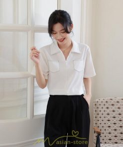 シャツ・ブラウス | シャツ ブラウス レディース 半袖 白 オフィス ビジネス 事務服 制服 リクルート おしゃれ 無地 開襟 日常 柔らかい 胸ポケット フランス風 夏コーデ お出かけ