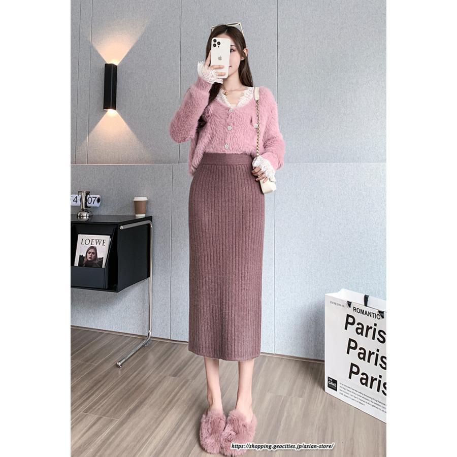 スカート | ニットストレッチレディース 秋冬 ロング丈 ミモレ丈 後ろスリット入れ タイトウエストゴム スリム リブニット 大人