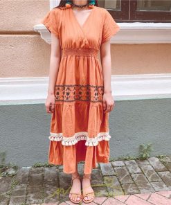 マキシ | ワンピース エスニック 綿麻 エスニックファッション 春ワンピ 夏ワンピ コットン リネン かわいい おしゃれ ハイウエスト バカンス 刺繍 Vネック リゾート 旅行