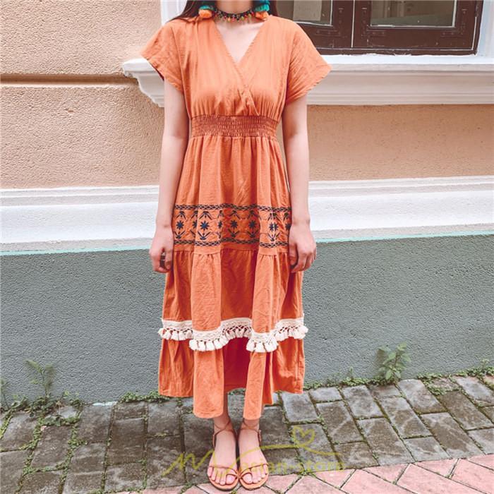 マキシ | ワンピース エスニック 綿麻 エスニックファッション 春ワンピ 夏ワンピ コットン リネン かわいい おしゃれ ハイウエスト バカンス 刺繍 Vネック リゾート 旅行
