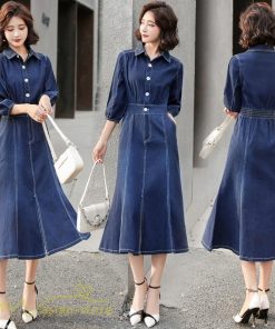 デニムワンピース | レディース デニム ワンピース マーメイド 長袖 秋 5分袖 カジュアル シャツワンピース カジュアル ロング丈 レトロ風 ポケット 着痩せ
