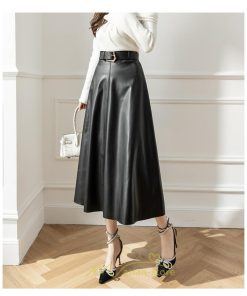 スカート | レザーフレアロング レディース ベルト付き ボトムス ロングAライン ミモレ丈 かっこいい 着痩せ キレイめ スリット