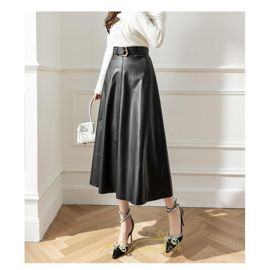 スカート | レザーフレアロング レディース ベルト付き ボトムス ロングAライン ミモレ丈 かっこいい 着痩せ キレイめ スリット