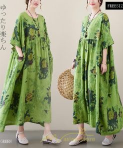 マキシ | ワンピース レディース 大きいサイズ 半袖 ロング丈 マキシ丈 クルーネック コットン 花柄 緑 夏 体型カバー 広がる裾 着痩せ 美シルエット ゆったり ポケット