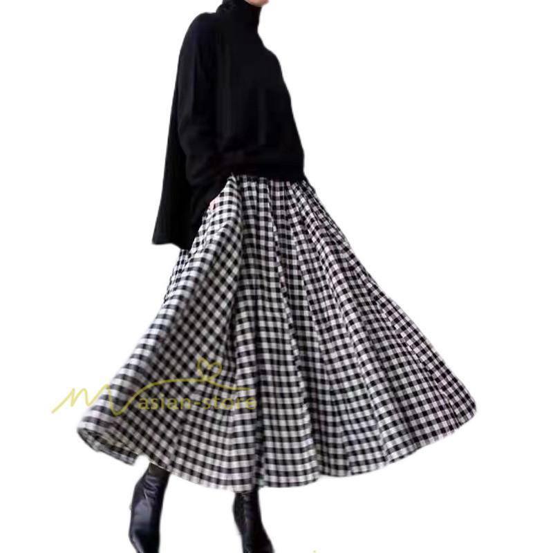 スカート | ブロックチェック ロングフレア Aライン ボトムス チェック 柄 マキシ韓国ファッション ゆったり 20代30代40代50代 通勤通学 着痩せ