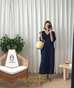 マキシ | ワンピース レディース 夏ワンピース 綿麻 五分袖 体型カバー 着痩せ 韓国風 30代 40代 50代 Vネック 通勤 OL デート キレイめ 新作 2022 お出かけ おしゃれ