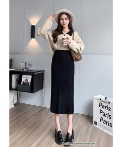 スカート | ニットストレッチレディース 秋冬 ロング丈 ミモレ丈 後ろスリット入れ タイトウエストゴム スリム リブニット 大人