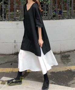 ミディアム | 夏ワンピース 切り替え ロング丈 黒白 フェイク フレア Aライン 五分袖 レイヤード風 重ね着風 Vネック 可愛い ミモレ丈 大人 20代30代40代 ゆったり