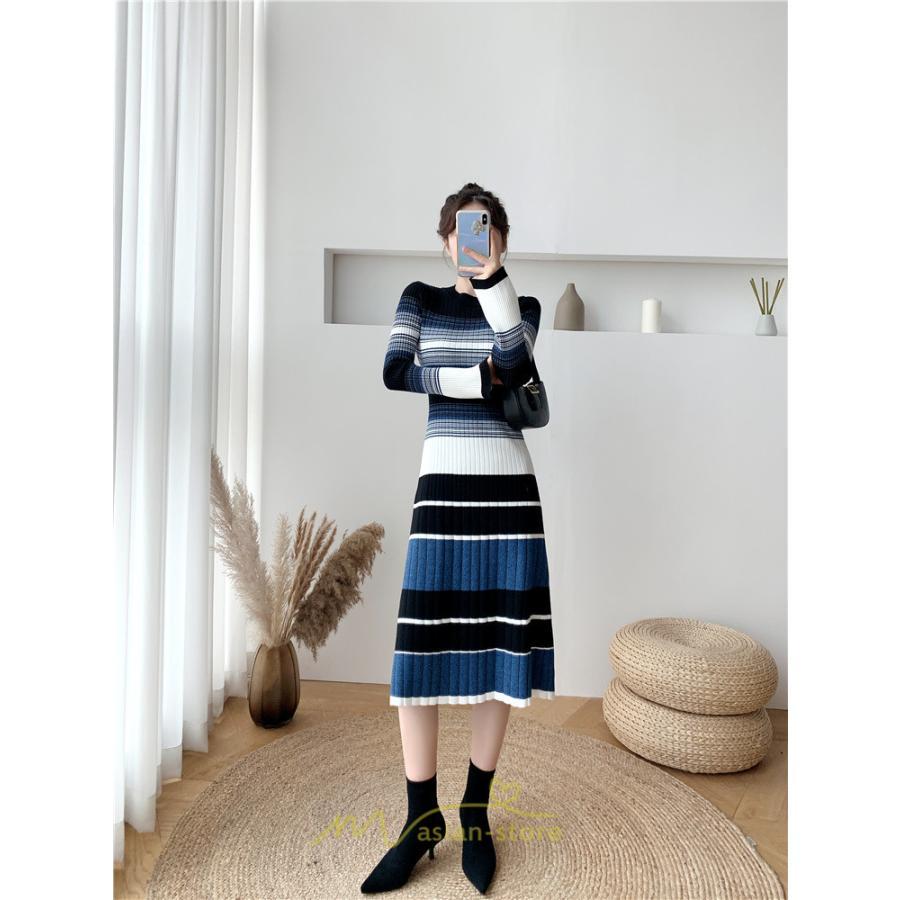 ニットワンピース | ワンピース レディース ニット ワンピース ニット チュニック ロング 長袖 着痩せ 秋冬 送料無料 ボーダー柄 2022新作 韓国風 秋冬コーデ 大人可愛い