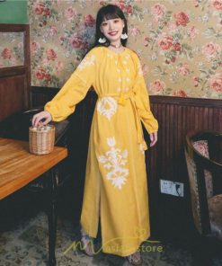 マキシ | ロングワンピース ワンピース エスニック コットンリネン 綿麻 花柄 リゾート 長袖 カジュアル 大人 夏秋 きれいめ 秋新作 スリット 体型カバー ゆったり