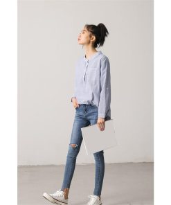 シャツ・ブラウス | 長袖シャツ レディース トップス ブラウス ストライプ 立てカラー 20代30代40代 五分袖に変える 可愛い ポケット