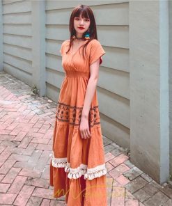 マキシ | ワンピース エスニック 綿麻 エスニックファッション 春ワンピ 夏ワンピ コットン リネン かわいい おしゃれ ハイウエスト バカンス 刺繍 Vネック リゾート 旅行