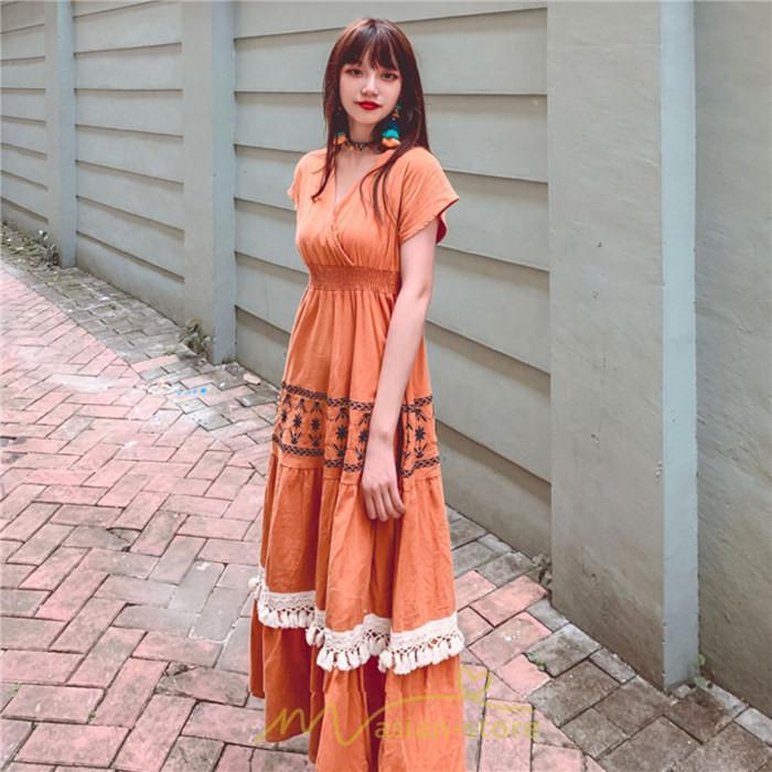 マキシ | ワンピース エスニック 綿麻 エスニックファッション 春ワンピ 夏ワンピ コットン リネン かわいい おしゃれ ハイウエスト バカンス 刺繍 Vネック リゾート 旅行