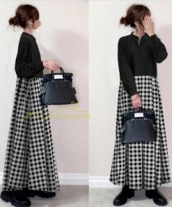 マキシ | チェック柄ワンピース ドッキングワンピース 大きめ ゆるシルエット 長袖 レディース 秋物 ロングワンピース ゆったり 大人 30代 50代 40代 切り替え