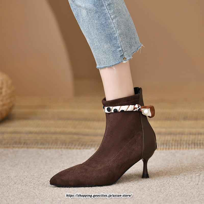 ブーツ | ブーティ ショート レディース ピンヒール 痛くない ファスナー 疲れない 歩きやすい 暖かい 秋冬 飾り 外出 お出かけ デート 女子会 二次会
