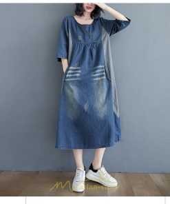 デニムワンピース | ワンピース レディース 夏 ロング丈 春 秋 七分袖 切り替え 大きいサイズ ゆったり 人気 体型カバー 20代30代40代 送料無料 着痩せ