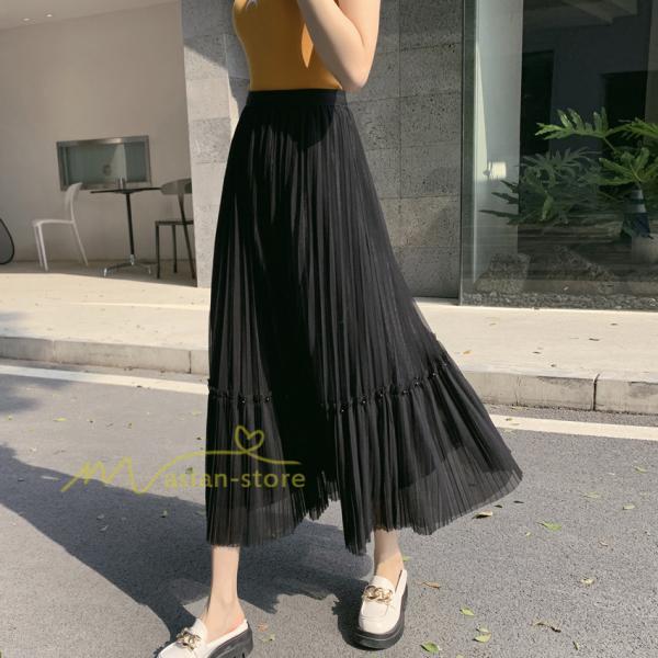 スカート | レディース チュール春夏 コーデ ウエストゴム ロングフレア着痩せ 通勤 マキシ カジュアル 20代30代40代50代 プリーツ