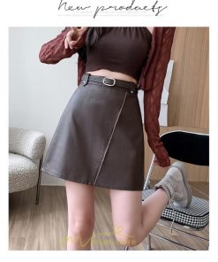 スカート | レザーボトムス ミニAライン 秋冬 レディース 革通勤 着痩せ フェイクレザー インナーパンツ付き ベルト付き ジッパー