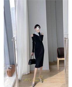 ニットワンピース | ワンピース 秋 秋服 レディース ニット ロングワンピース ロング 長袖 肩出し 秋冬 バイカラー 送料無料 セクシー お出かけ 暖か フェミニン デート