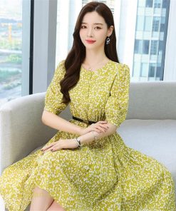 ミディアム | Aラインワンピース 膝丈 花柄 ワンピース ミディアムワンピース 5分袖 韓国風 エレガント カジュアルワンピース サマーワンピース 通勤通学 上品 おしゃれ 上品