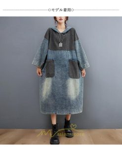 デニムワンピース | ワンピース デニム レディース 40代 ロング チュニック 長袖 ゆったり 体型カバー フード付き ポケット 切り替え 大きいサイズ
