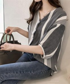 シャツ・ブラウス | ブラウス レディース 五分袖 薄手 ストライプシャツ トップス 羽織り 前開き 可愛い Vネック 40代 ブラウスシャツ 夏服 大人 20代30代