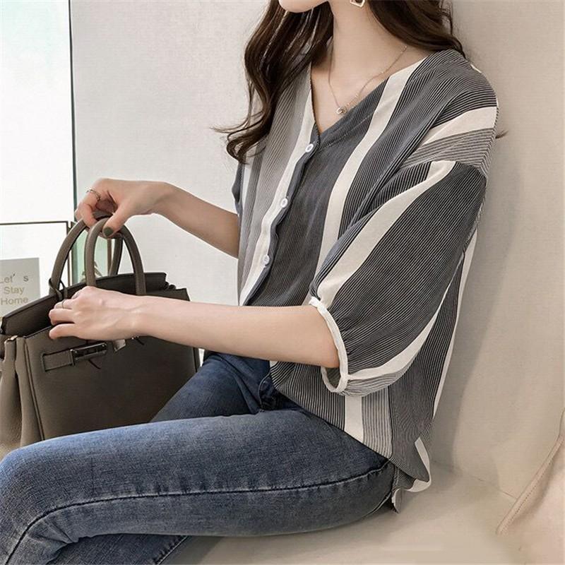 シャツ・ブラウス | ブラウス レディース 五分袖 薄手 ストライプシャツ トップス 羽織り 前開き 可愛い Vネック 40代 ブラウスシャツ 夏服 大人 20代30代