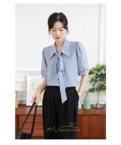 シャツ・ブラウス | シフォンブラウス 半袖 レディース シフォン ブラウス 白 青 フォーマル 開襟 服 バブルスリーブ 蝶結び 着痩せ 春 韓国風 通勤 おしゃれ 女性 上品 夏