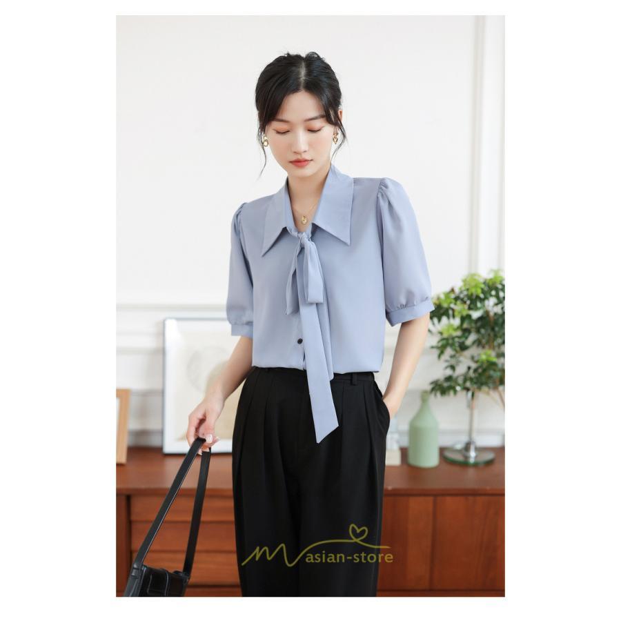シャツ・ブラウス | シフォンブラウス 半袖 レディース シフォン ブラウス 白 青 フォーマル 開襟 服 バブルスリーブ 蝶結び 着痩せ 春 韓国風 通勤 おしゃれ 女性 上品 夏