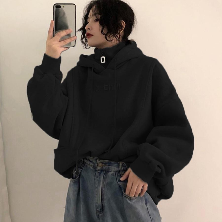 パーカ | 体型カバー オーバーサイズ レディース ロゴ フード付きパーカー トップス 裏起毛 トレーナー ロング丈 カジュアル